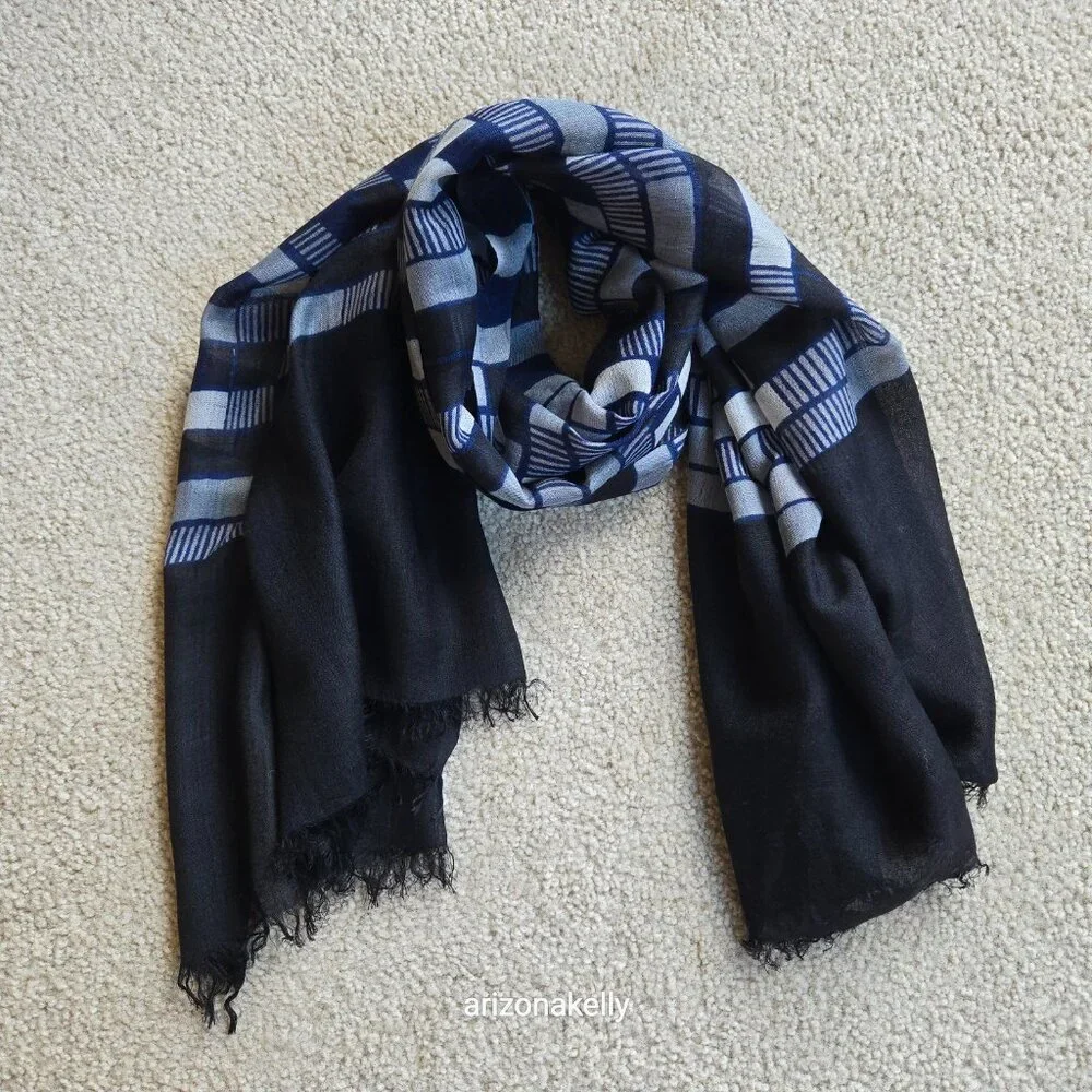 Very Fine Cotton Scarf Lightweight Scarf Blue Black Grey White